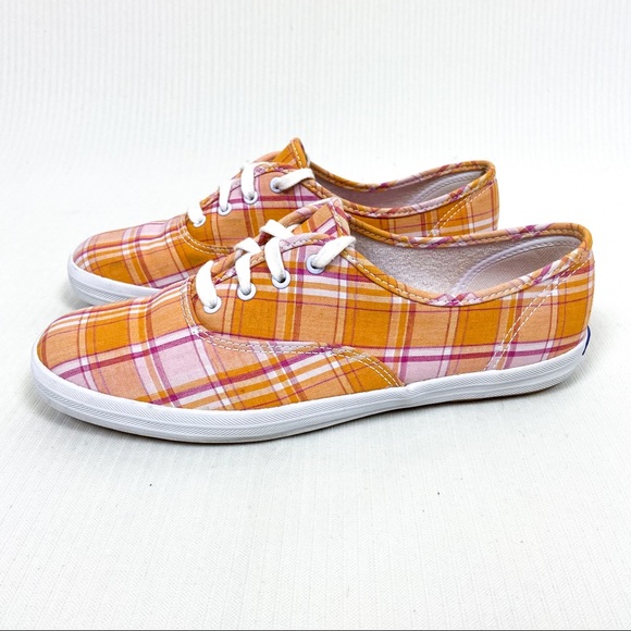 Keds Orange Pink Plaid Lace Up Sneakers